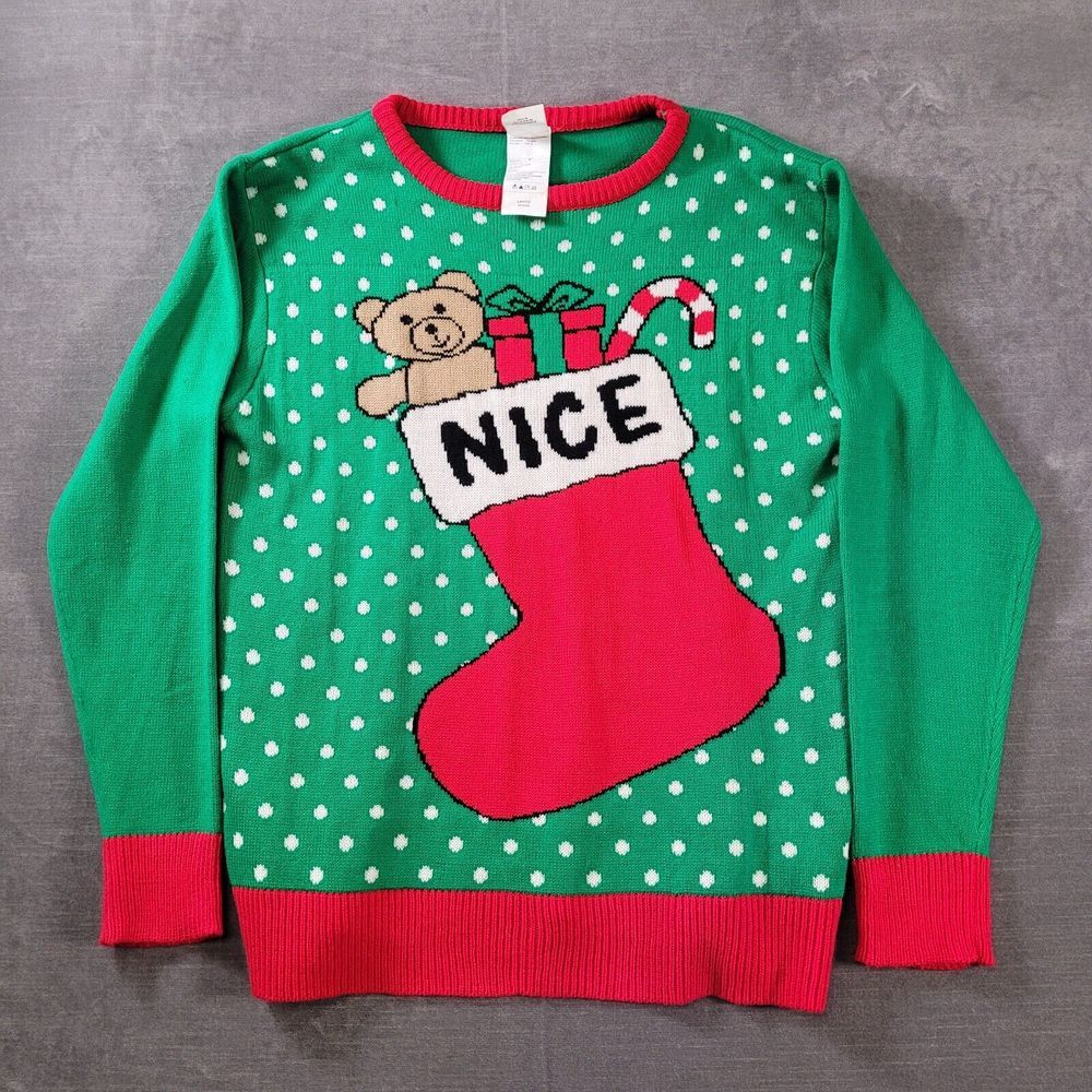 Ugly Christmas Sweater Nice Stocking Pokka Dot Green Womens Large‎